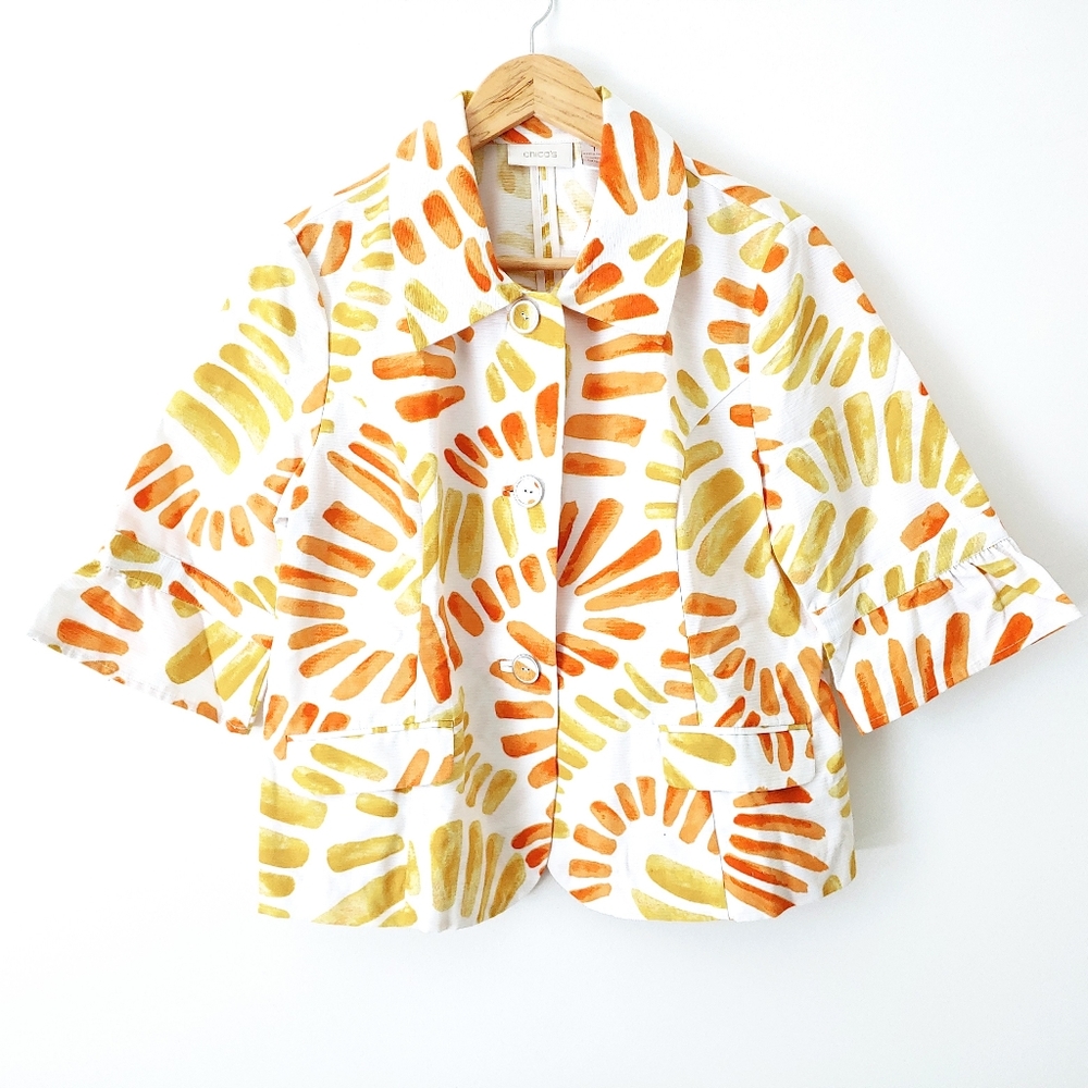 Chicos Yellow Orange Bell Sleeve Button Blazer Jacket Women's Sz M
